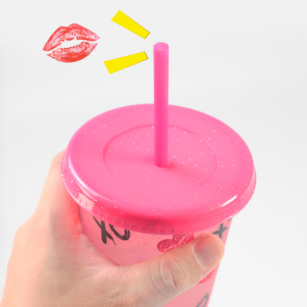 Cross-border in-stock Valentine's Day new heat-sensitive color-changing plastic cup, high appearance level glitter color-changing straw cup factory wholesale Specification drawing