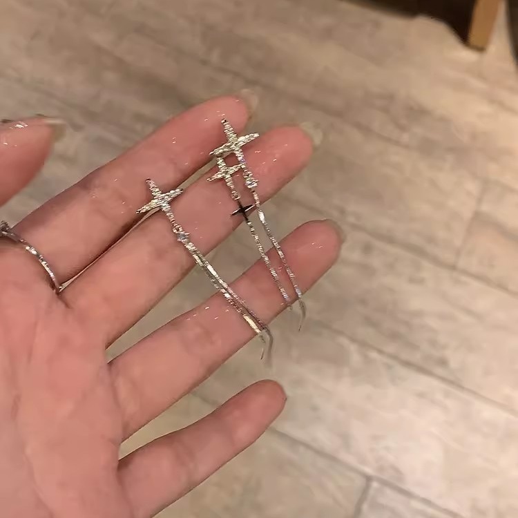 Irregular cross star Zircon tassel earrings for women, long and elegant 2024 new bestseller silver needle earrings details Picture