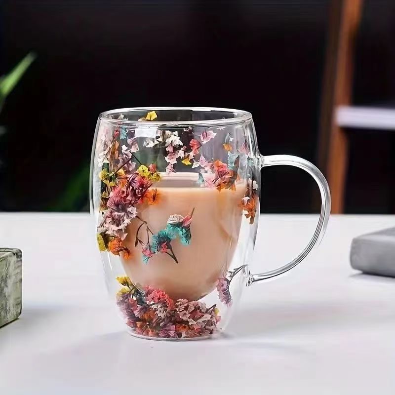 Double-layer vacuum dry flower cup, milk cup, high borosilicate glass cup, office, home, bar, souvenir, real flower cup Specification drawing