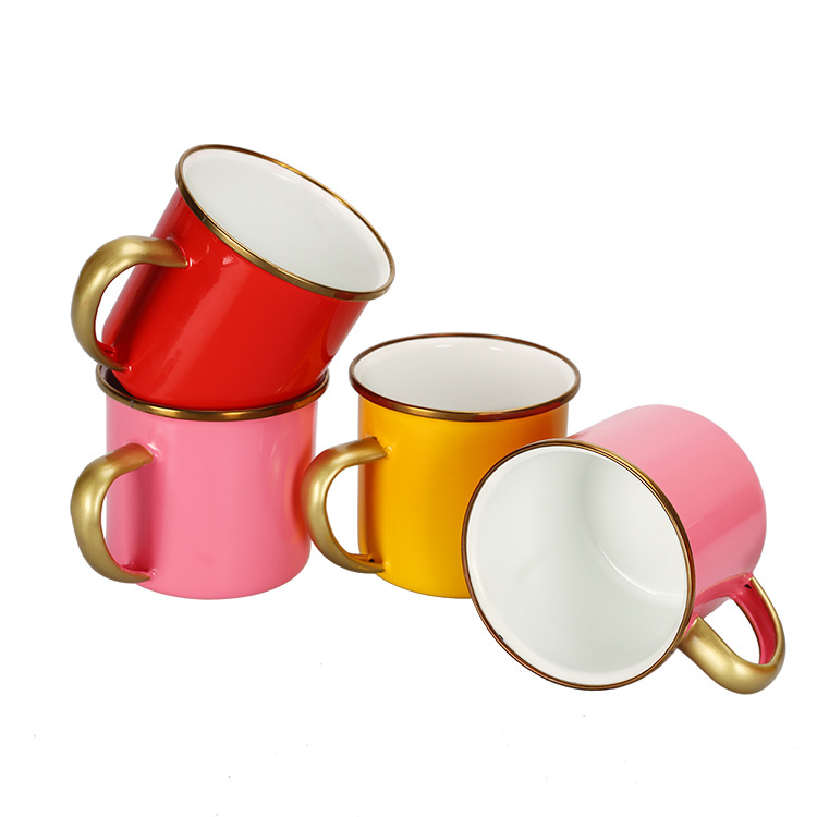 Metal pure enamel cup, gold-plated rolled edge enamel cup manufacturer, with printed LOGO, retro and creative details Picture