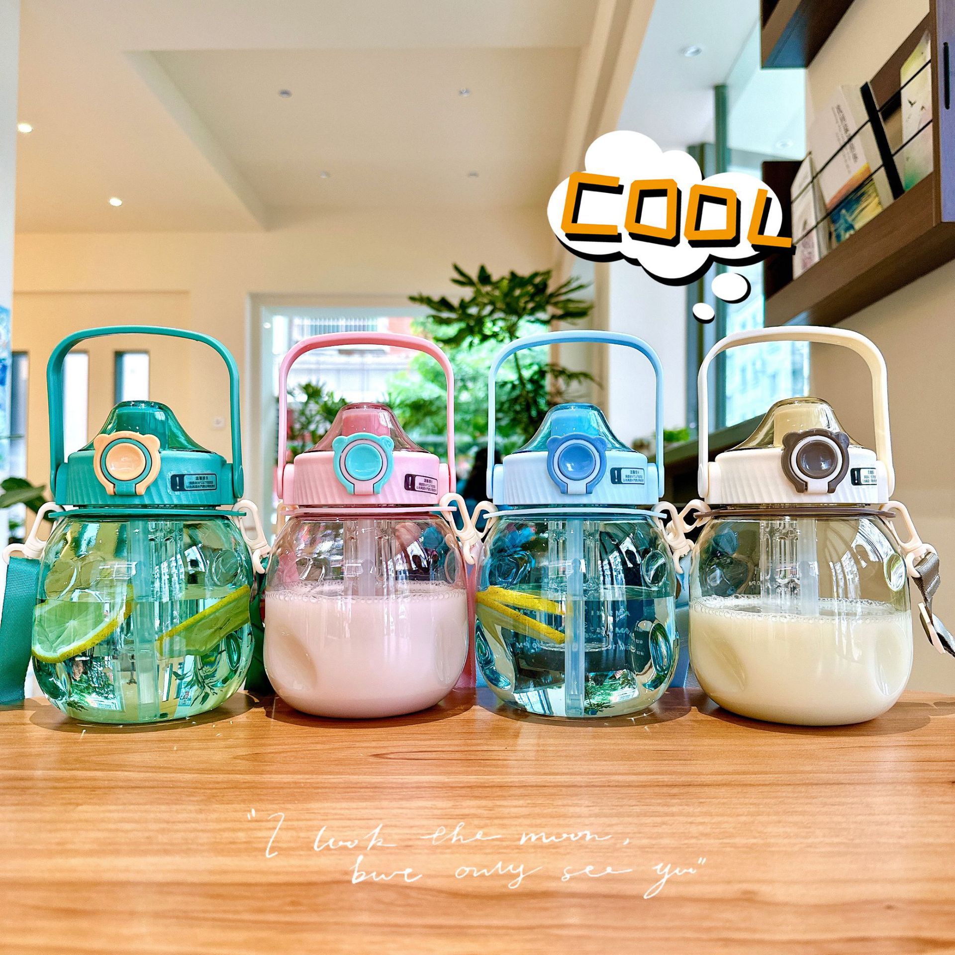 Simple large-bellied cup with tea holder, portable summer student straw cup, cute sticker, hand-held large-capacity plastic water bottle details Picture
