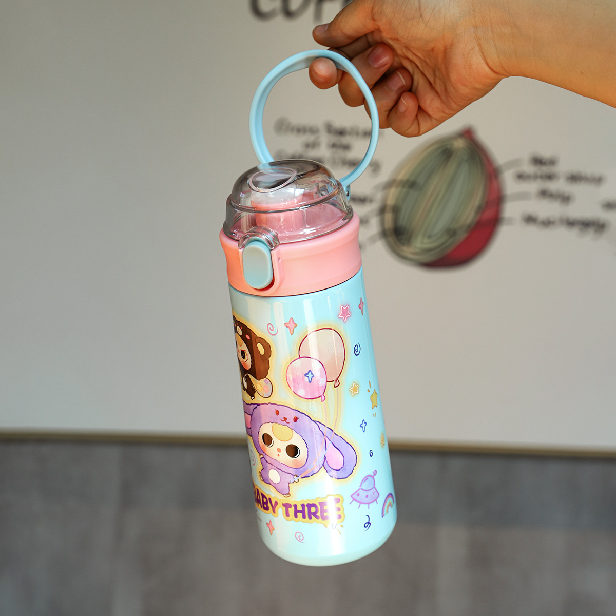 New 304 stainless steel cartoon pea cup, outdoor portable handle insulated cup, double-layer vacuum gift water cup Application Scenario