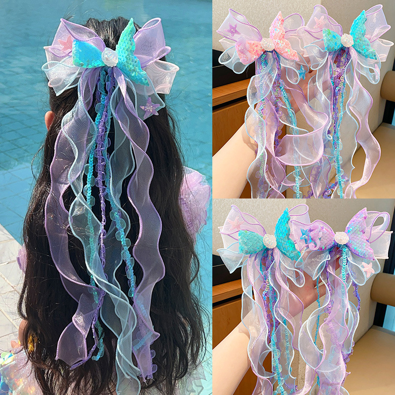 Super fairy mermaid hairband, children's crown headwear, girl's pearl tassel forehead chain, little girl's bow hair clip Application Scenario