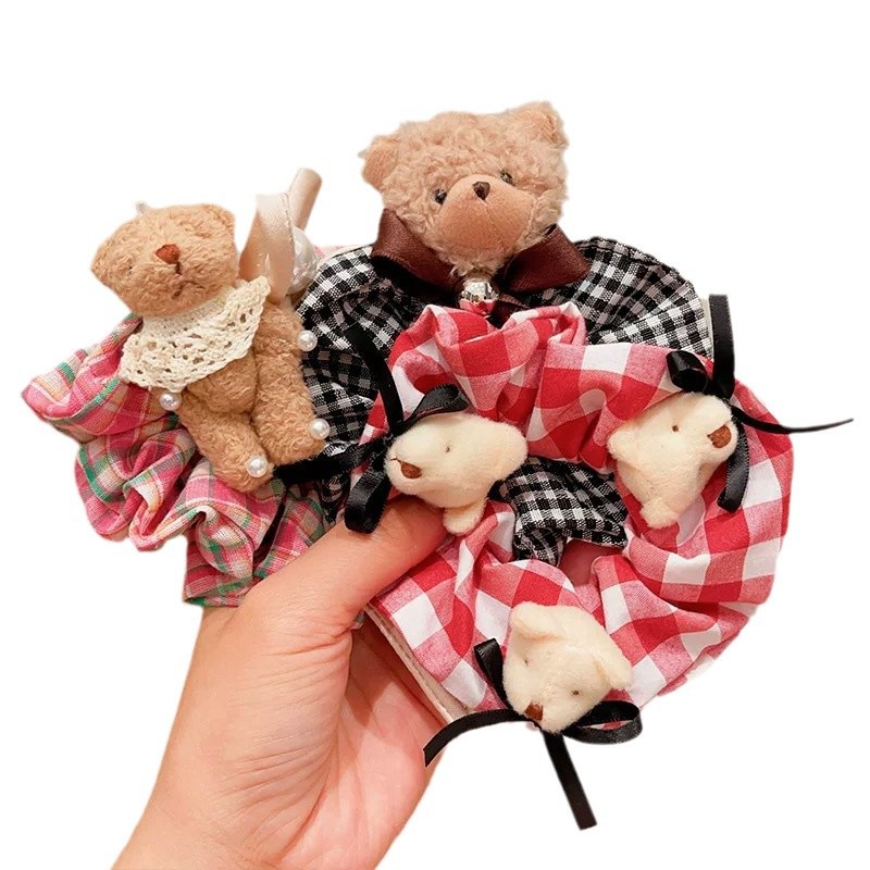 Children's hair tie, cute rabbit bear checkered large intestine hair band, sweet and stylish girl with bun hairstyle 2024 new style Item Picture