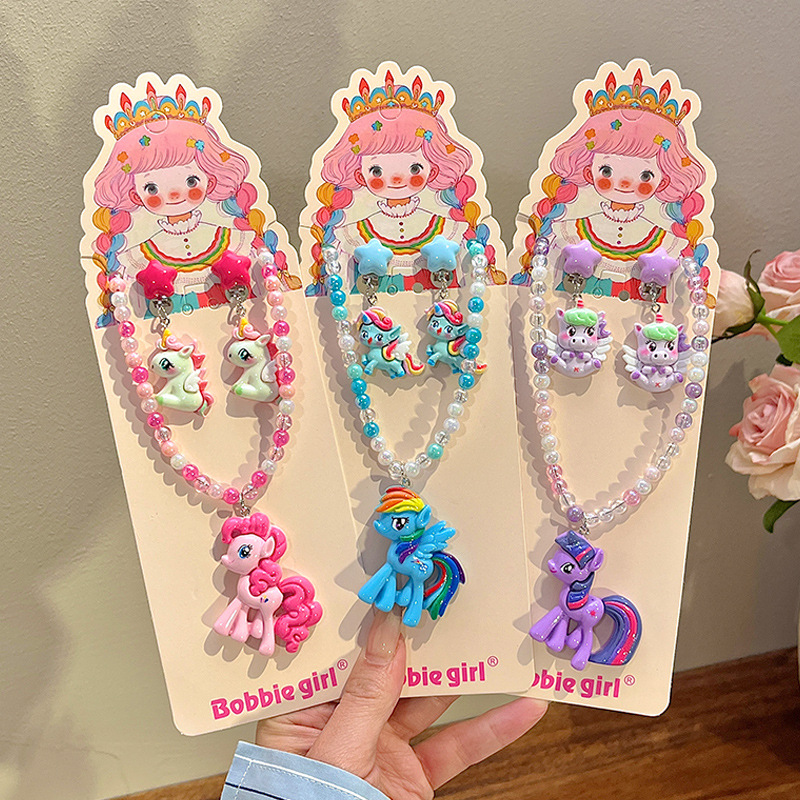 Cute cartoon colorful pony beaded necklace for children, princess pendant for girls, ear clips, birthday gift jewelry for babies full figure
