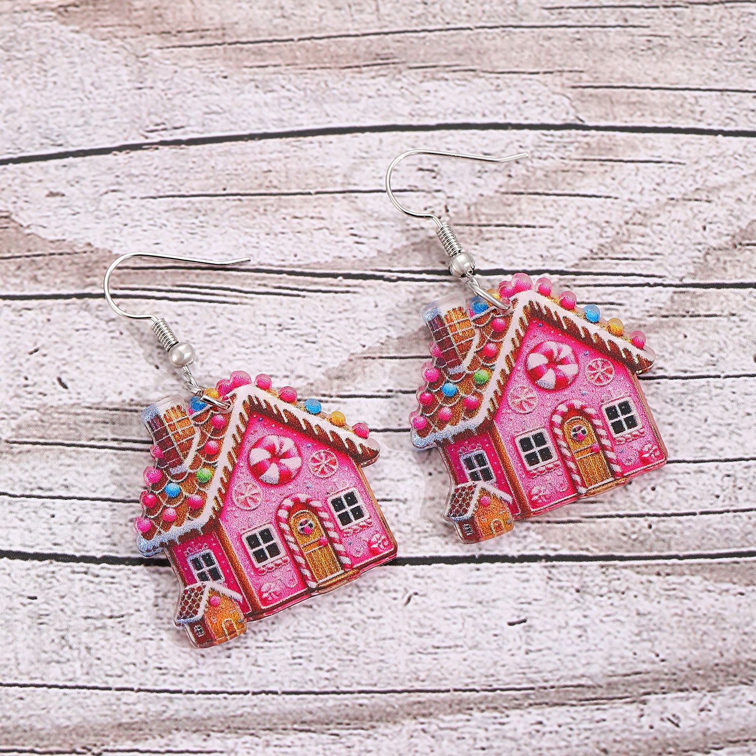 European and American cross-border pink gingerbread house flat earrings, Christmas cartoon personality acrylic earrings for women Specification drawing