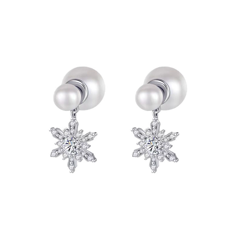Rear-hanging snowflake pearl stud earrings for women's light luxury 2024 bestseller, high-end and unique light luxury style earrings Item Picture