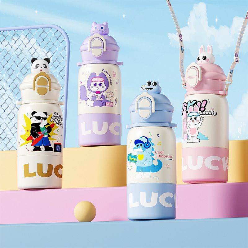 High-appearation-level cartoon children's insulated cup, school cold preservation cup, straw cup, large-capacity one-lid double-drinking stainless steel cup details Picture