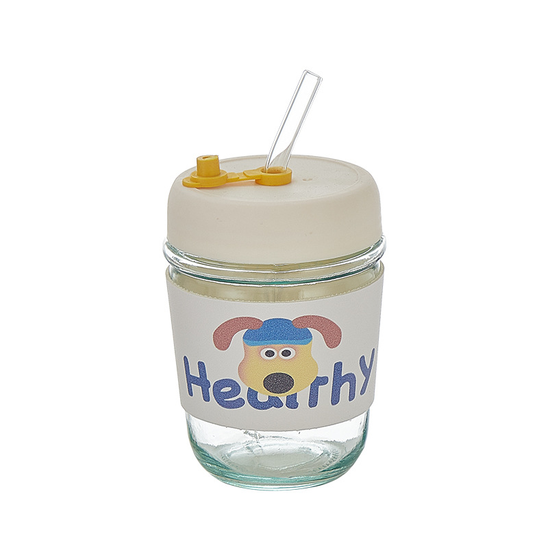 Cute Ins-style large-capacity glass cups, cute, simple and fresh cartoon water cups, straw cups, flower tea cups and milk tea cups Item Picture