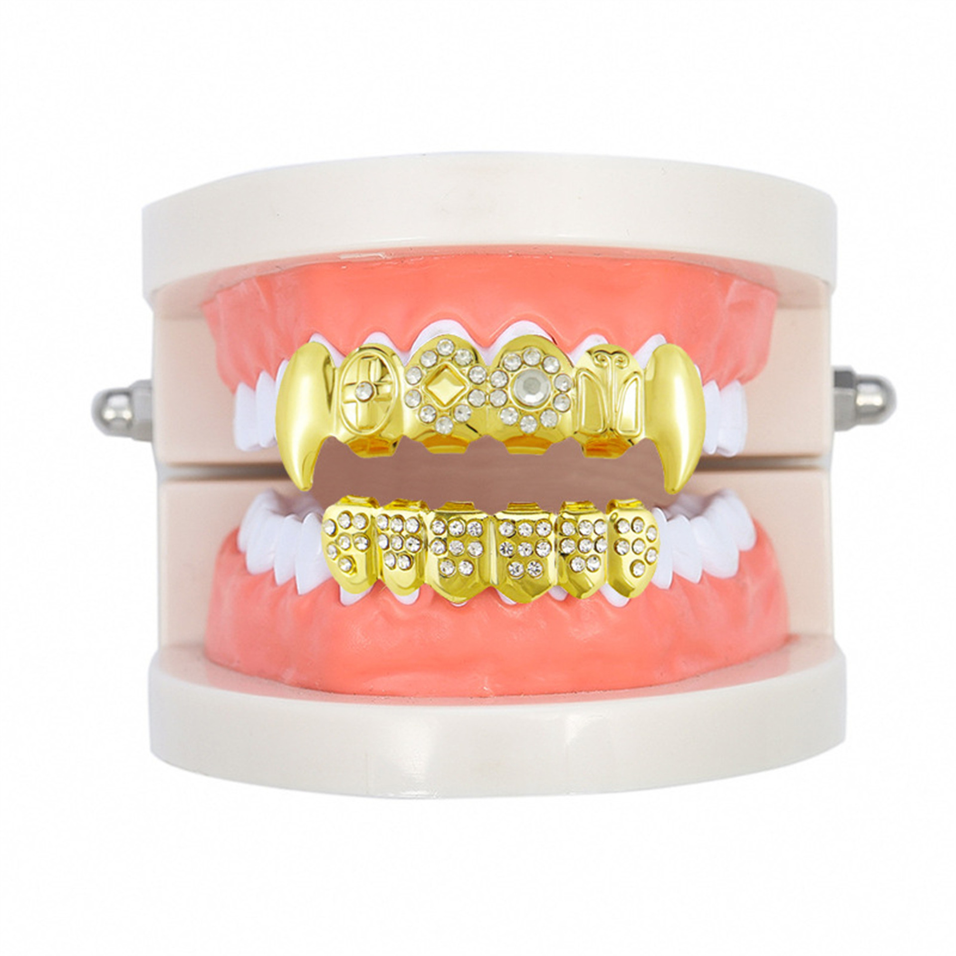 Hip-hop fangs, sharp teeth, micro-inlays, diamond zircon braces, Halloween vampire, personalized, fashionable and exaggerated hip-hop braces full figure
