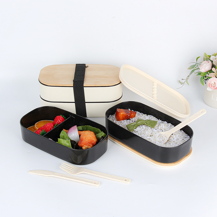 Japanese-style wooden lid double-layer portable lunch box, microwave-safe compartment-insulated lunch box, wheat bellflower sealed lunch box Specification drawing