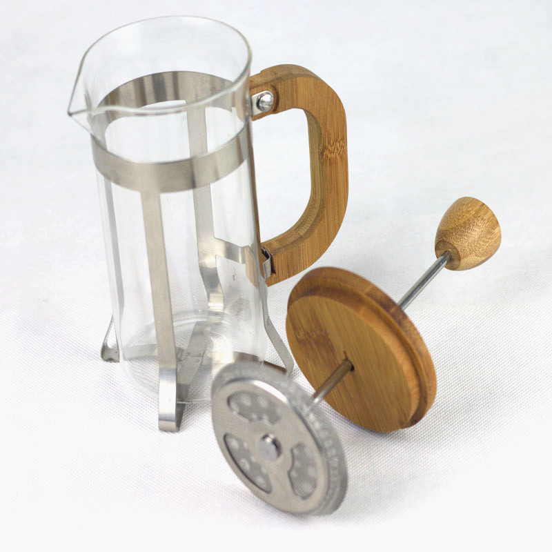 Bamboo and wood lid glass French press, household French filter press heat-resistant high borosilicate coffee pot, American-style utensils glass measuring cup Specification drawing