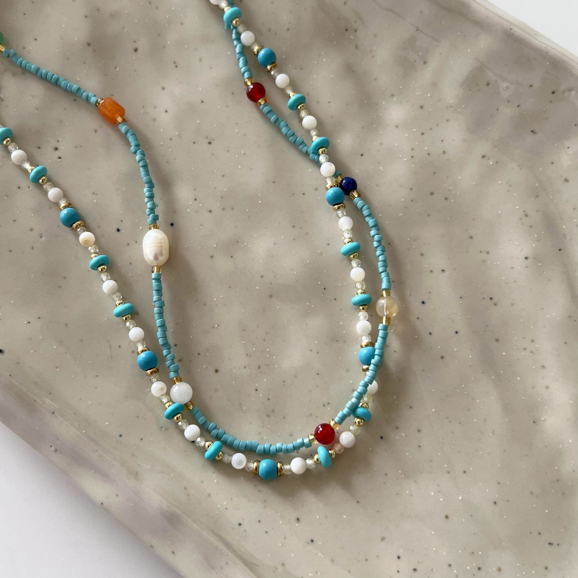 New Chinese-style turquoise pearl necklace for women, summer, fresh, colorful, fashionable and light luxury dopamine beaded collarbone chain Specification drawing