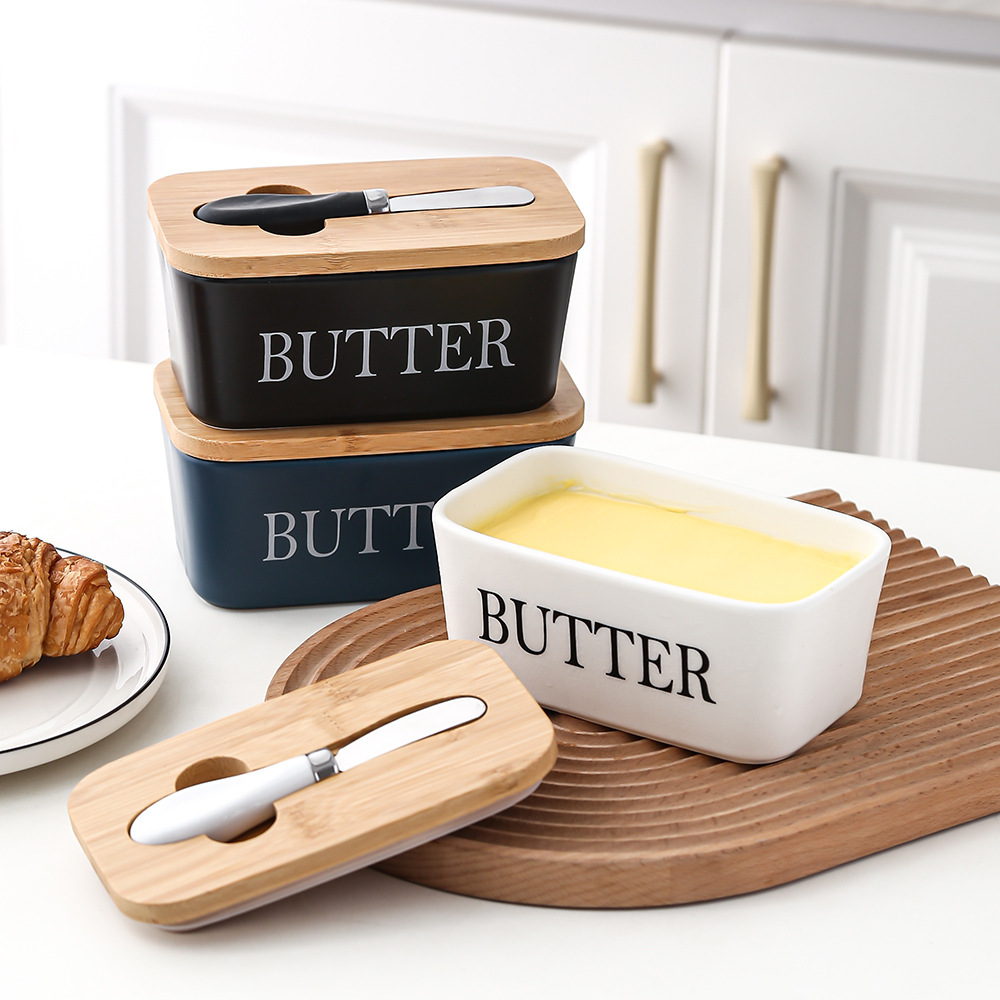 Rectangular ceramic butter box, sealed jar, butter box, bamboo lid with knife, Western-style household cheese box, cross-border Amazon details Picture