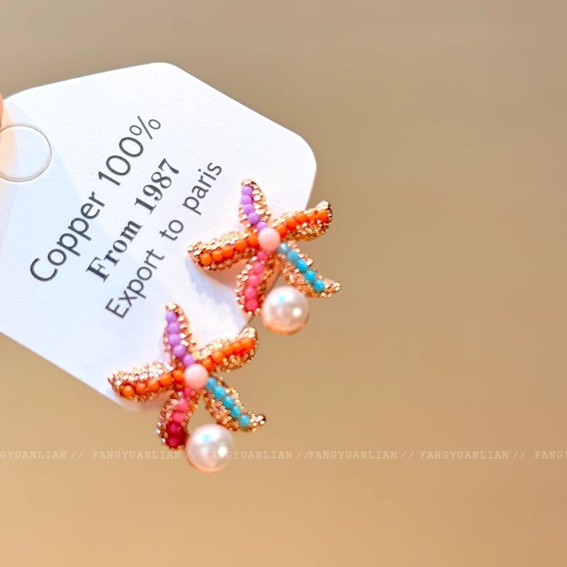 Summer coral, colorful starfish, pearl stud earrings, sweet girl's seaside vacation earrings, unique and niche earrings for women Specification drawing