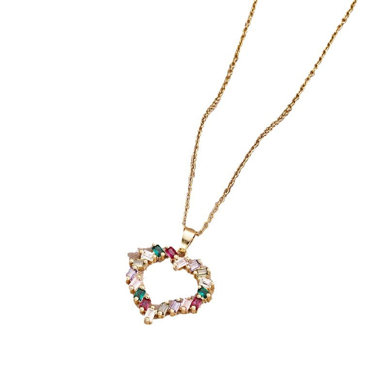 Cross-border European and American titanium steel necklace for women, light luxury and high-end feel, copper micro-inlaid colored zircon heart pendant collarbone chain accessory Item Picture