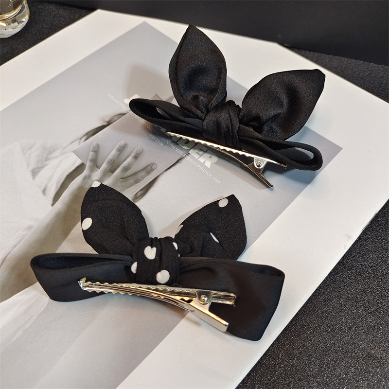 Retro and youthful ~ Black polka dot rabbit ear hairpins, flowing sea hair accessories, female top loose hair, adult side hair clips details Picture
