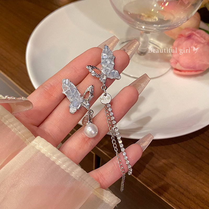 S925 Silver needle Long tassel asymmetrical butterfly Stud earrings Women's Summer bestseller Blue diamond pearl earrings wholesale full figure