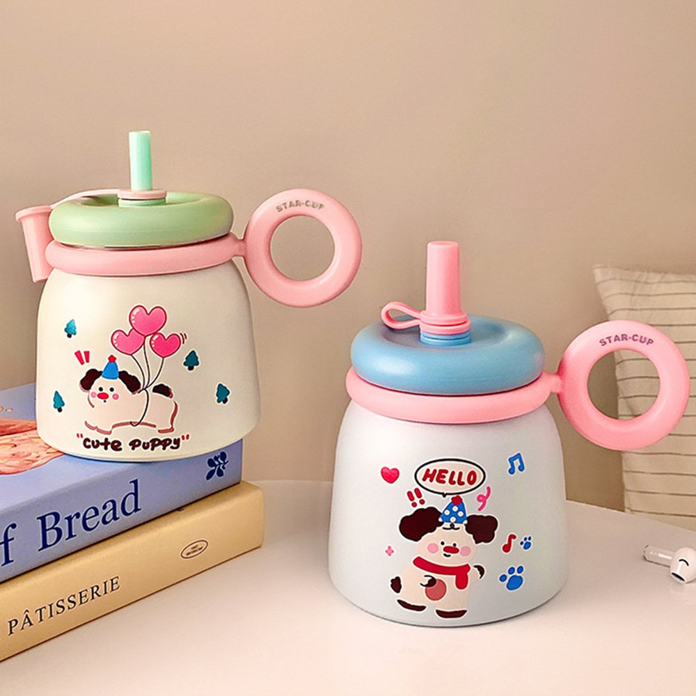 Cute red-nosed puppy desktop water cup, stainless steel coffee cup with straw, portable tea brewing cup, girls' insulated cup gift details Picture