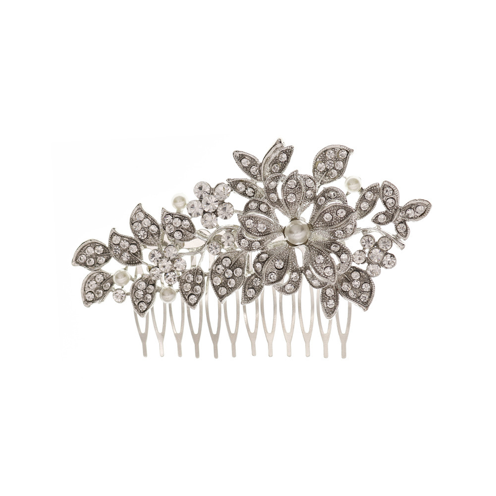 Cross-border bestseller bride wedding accessories: European and American retro alloy flower diamond-encrusted comb, high-gloss pearl bun, hair comb Item Picture
