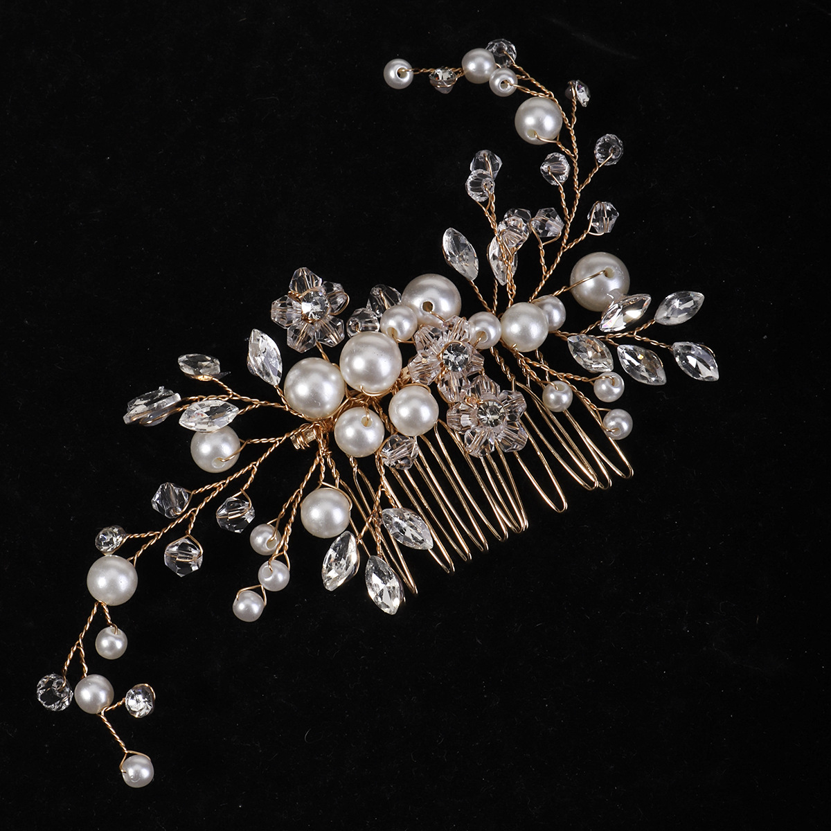European and American bride pearl hair combs, horse's eye water diamonds, hand-arranged combs, crystal flower headwear, wedding gowns, evening gowns, updo hair accessories Specification drawing