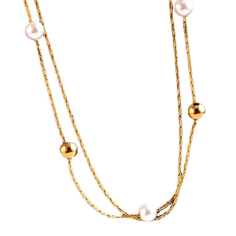 European and American fashion, niche and unique double-layer chain imitation pearl round bead titanium steel stacked accessory collarbone necklace Item Picture