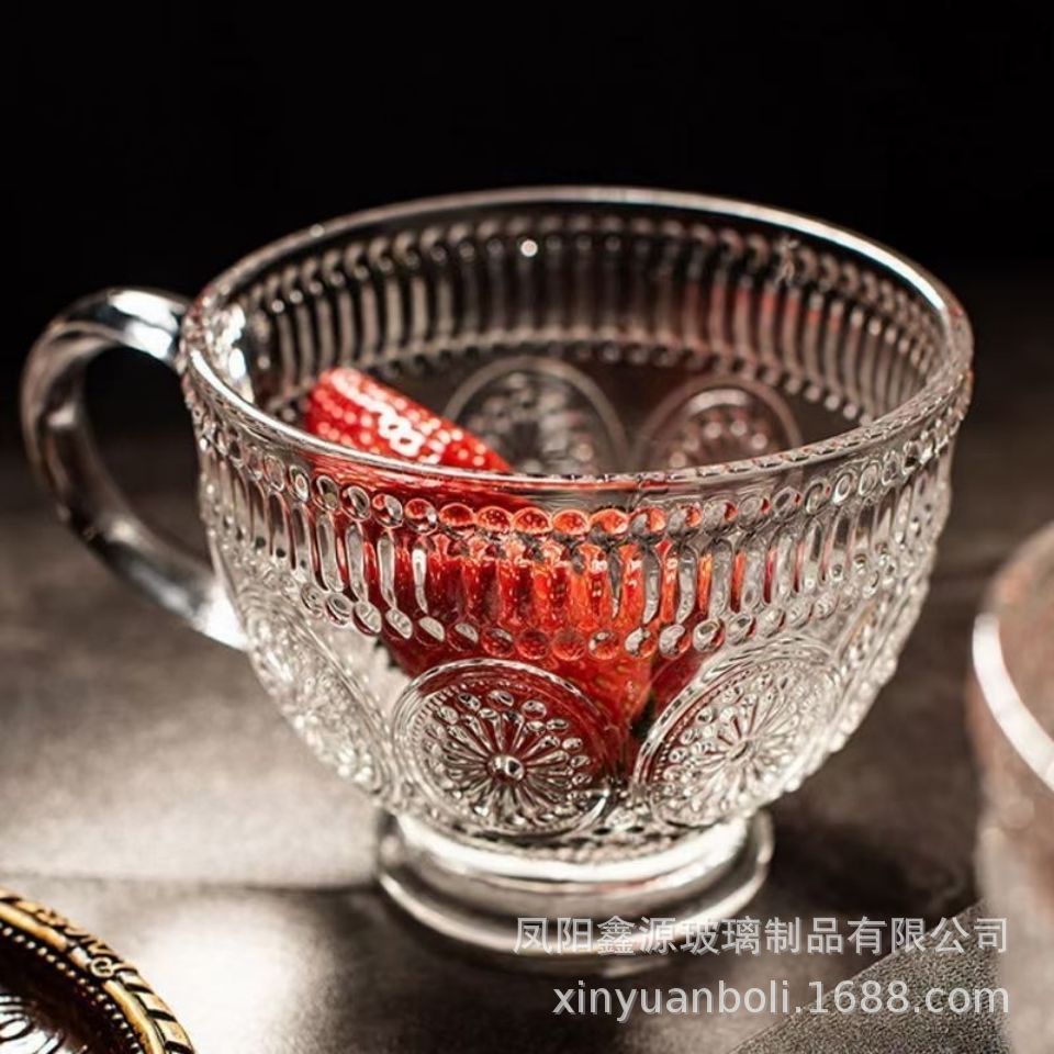 Glass cup, embossed sunflower water cup, summer milk breakfast oatmeal cup, ins style household tea cup with handle spoon details Picture