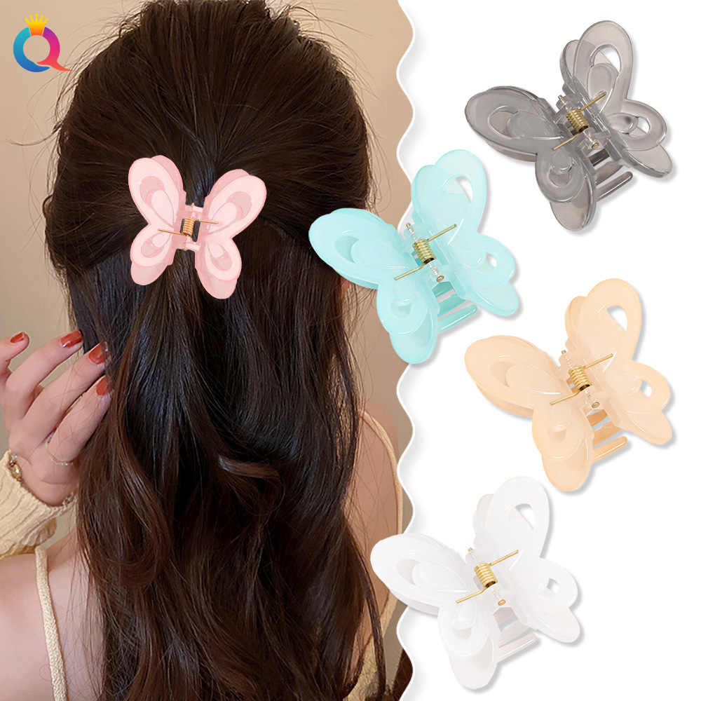 Wholesale of Qiyue Cross-border jelly-colored double-layer butterfly hair clips with a high-end feel. Back head updo and shark clip hair accessories details Picture
