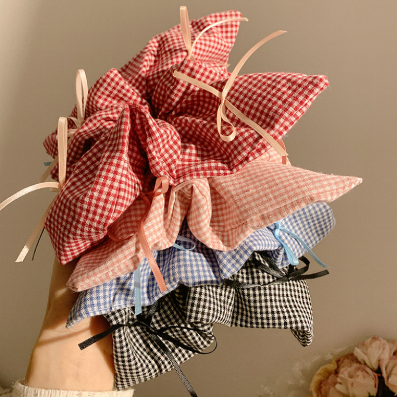 Korean-style pink checkered bow, ribbon, square scarf, large intestine hair band, women's versatile hair rope, hair accessory, headwear for spring and summer full figure