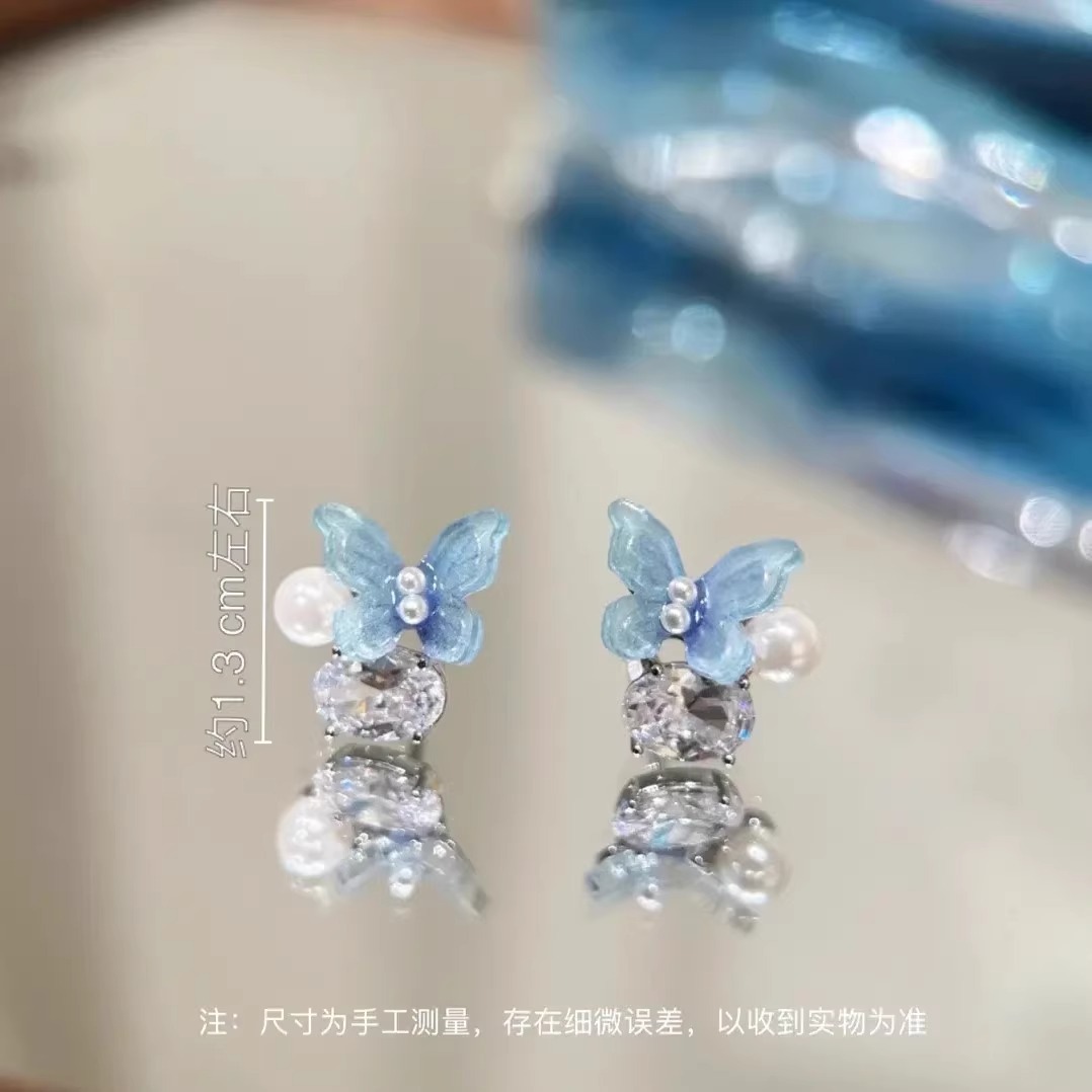 Summer clear blue zircon butterfly earrings, women's light luxury and high-end style, unique pearl earrings wholesale Specification drawing