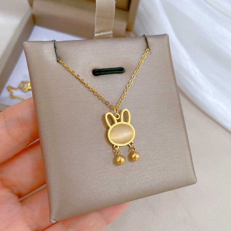 【 All-titanium Steel 】 Cat's eye stone rabbit minimalist style furnace, real gold necklace, female Instagram Internet celebrity collarbone chain accessory Specification drawing