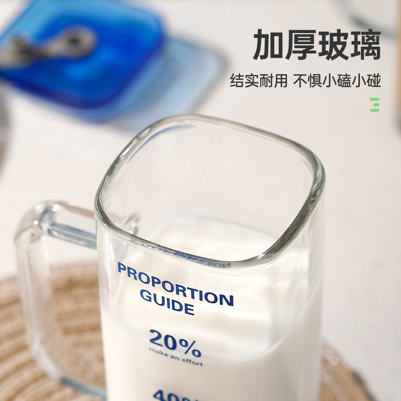 Square glass cup, high appearance level water cup, women's household cup with handle straw, transparent beer, beverage, milk tea new style cup details Picture