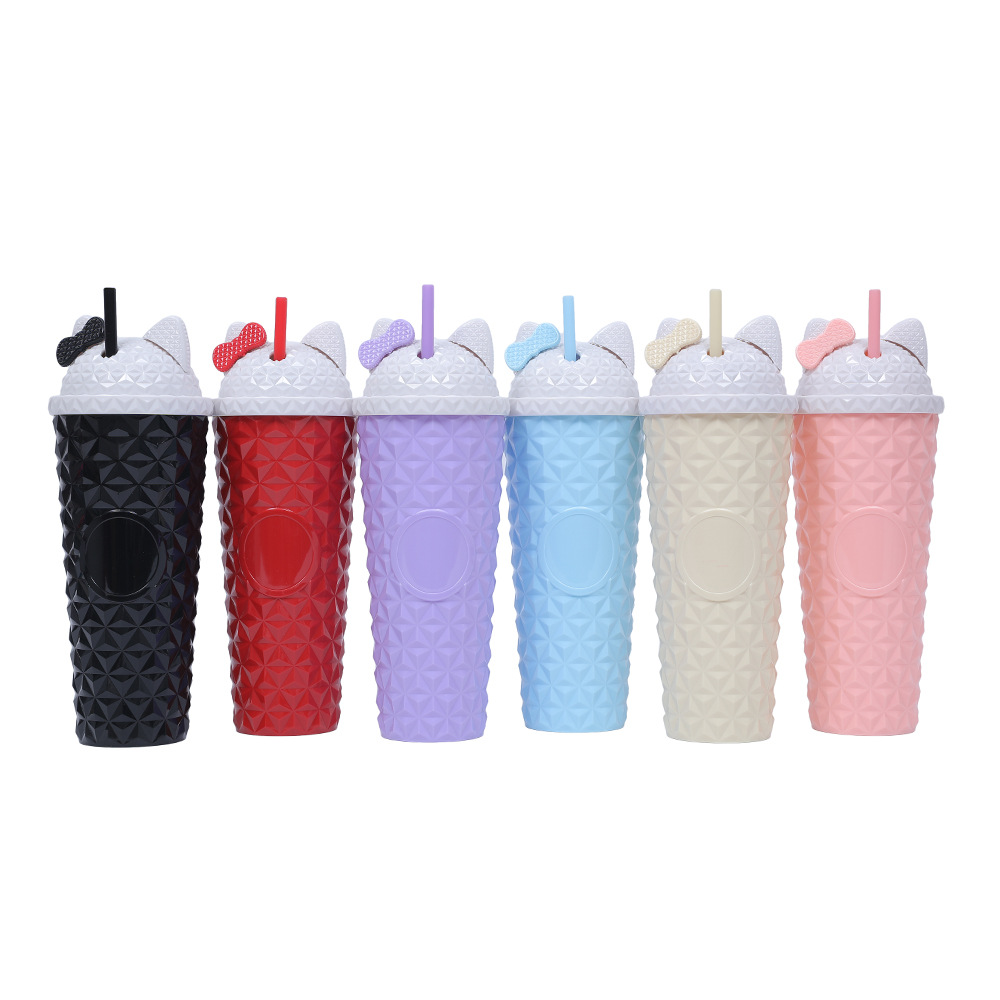 2025 New model factory direct supply three-piece set: Katie Creative Internet celebrity plastic straw cup, Starbar Durian cup, water cup Specification drawing