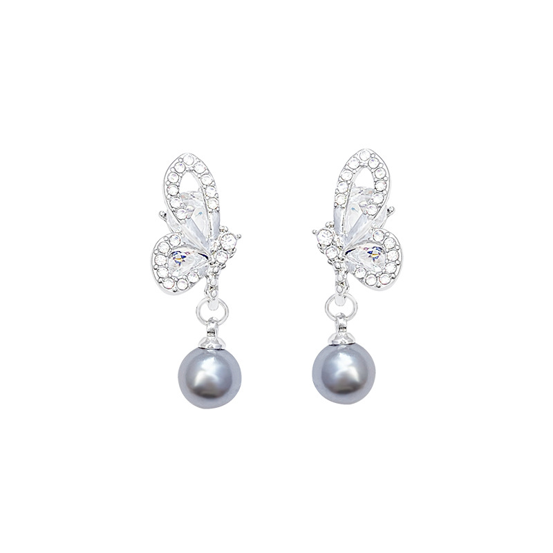 Grey butterfly pearl earrings for women, light luxury, niche, high-end, versatile and elegant bestsellers. Wholesale of 925 silver needle earrings Item Picture
