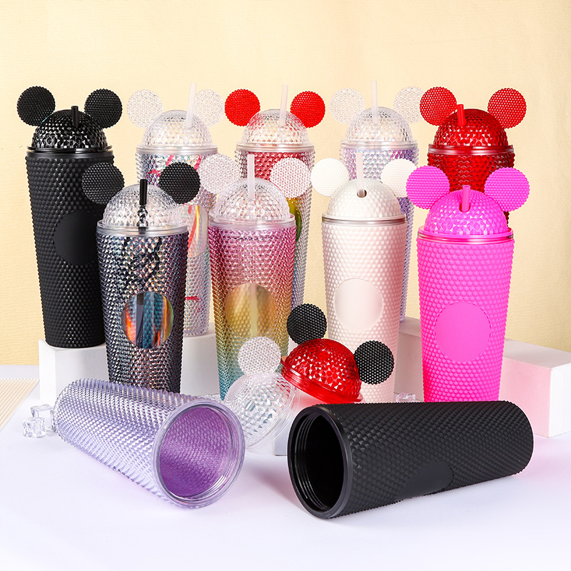 【 Processing and Customization 】 Double-layer Mickey Durian cup, diamond plastic straw cup, large-capacity colorful straight water cup full figure