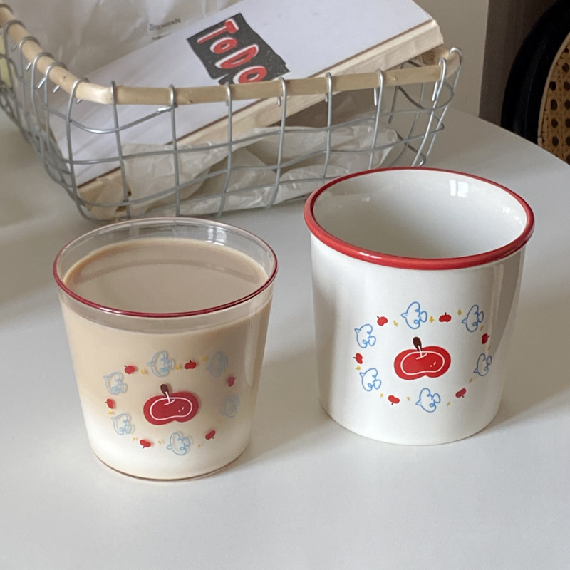 Homemade summer blue bird apple high borosilicate heat-resistant glass cup, ins cartoon cute dog juice cup Item Picture