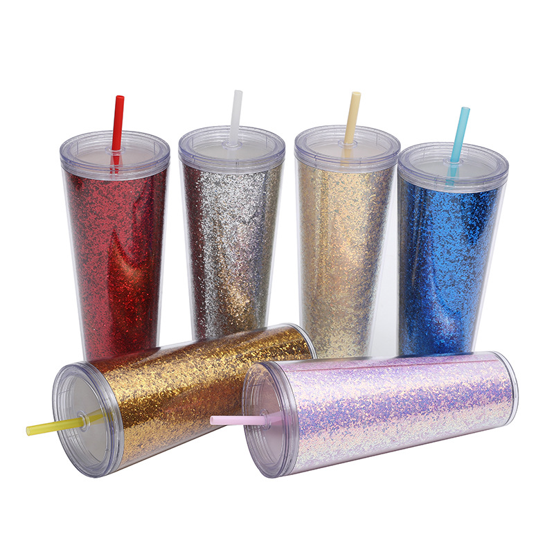 New cross-border factory direct supply double-layer plastic cups, light luxury, simple and large-capacity cups, big gold onion straw water cups Item Picture