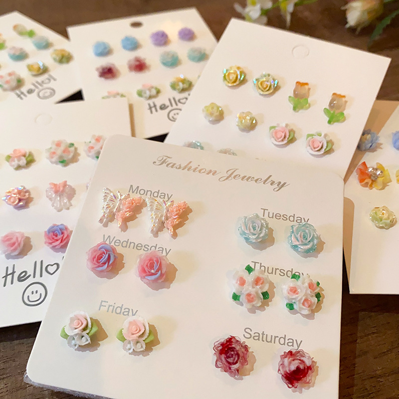 Pink flower butterfly six-piece set earrings, resin stud earrings, sweet, fresh and simple design of women's earrings full figure