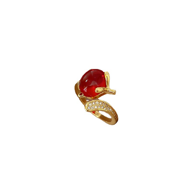 【 Real Gold 】 Douyin Live streaming version copper slightly inlaid zircon temperament red fox ring for women, adjustable opening ring for women Item Picture