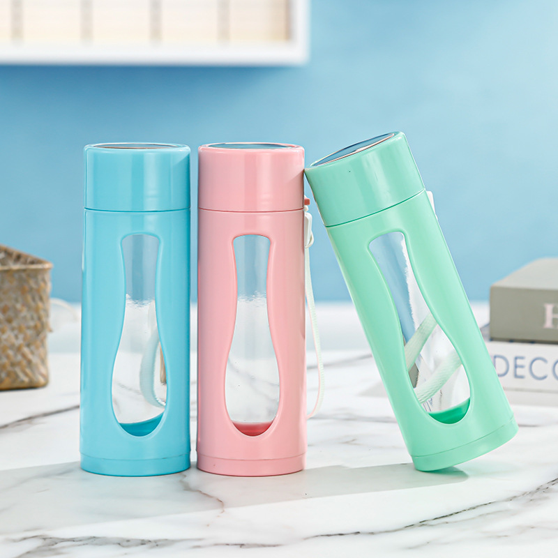 Creative and fashionable sports water cups, printable advertising gift cups, double-layer glass cups, portable drawstring plastic glass cups Application Scenario