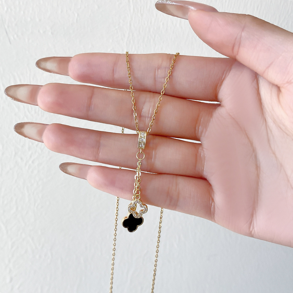 Fashionable diamond-encrusted gold-plated tassel four-leaf clover pendant titanium steel necklace, a unique and versatile collarbone chain accessory for women Specification drawing