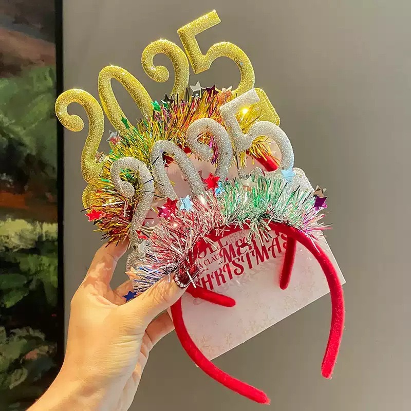 New Year's Day Decoration 2025 Hair band, New Year's Eve event outfit Headwear, Christmas party headband atmosphere, photo props, hair accessories Specification drawing