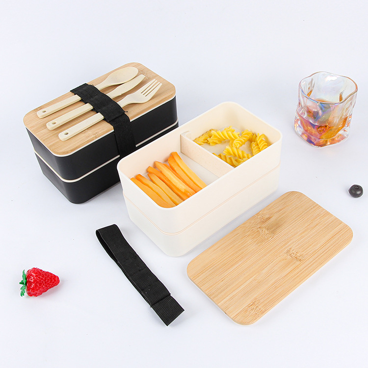 Wheat bellflower, Japanese-style wooden lid double-layer lunch box with cutlery box, plastic portable lunch box, square lunch box, cutlery details Picture
