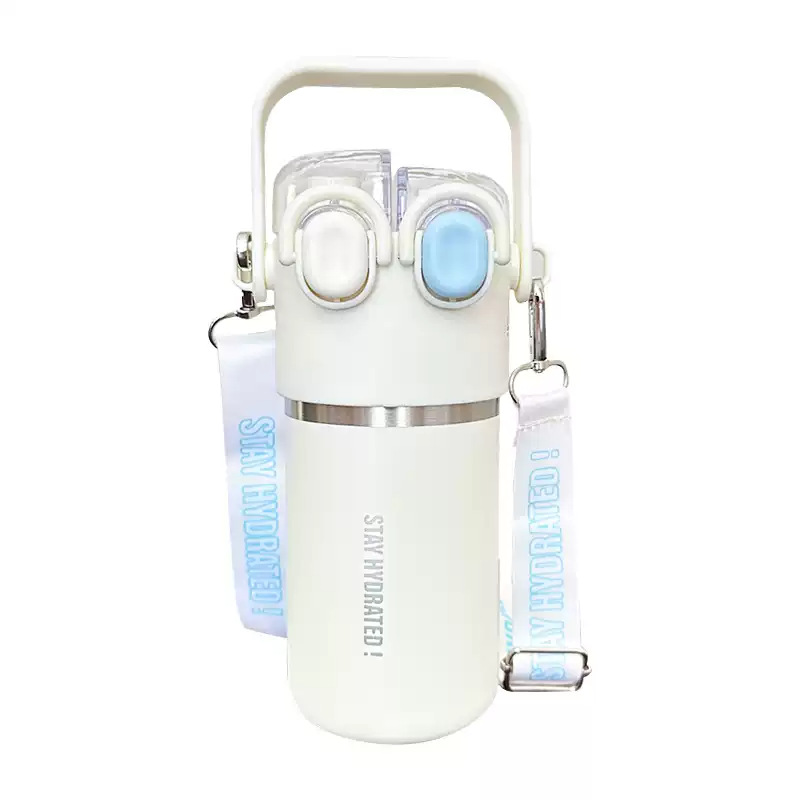 Solid-color double-drinking insulated cup, simple yet highly attractive 316 stainless steel water cup, portable student outdoor slanted straw cup Item Picture