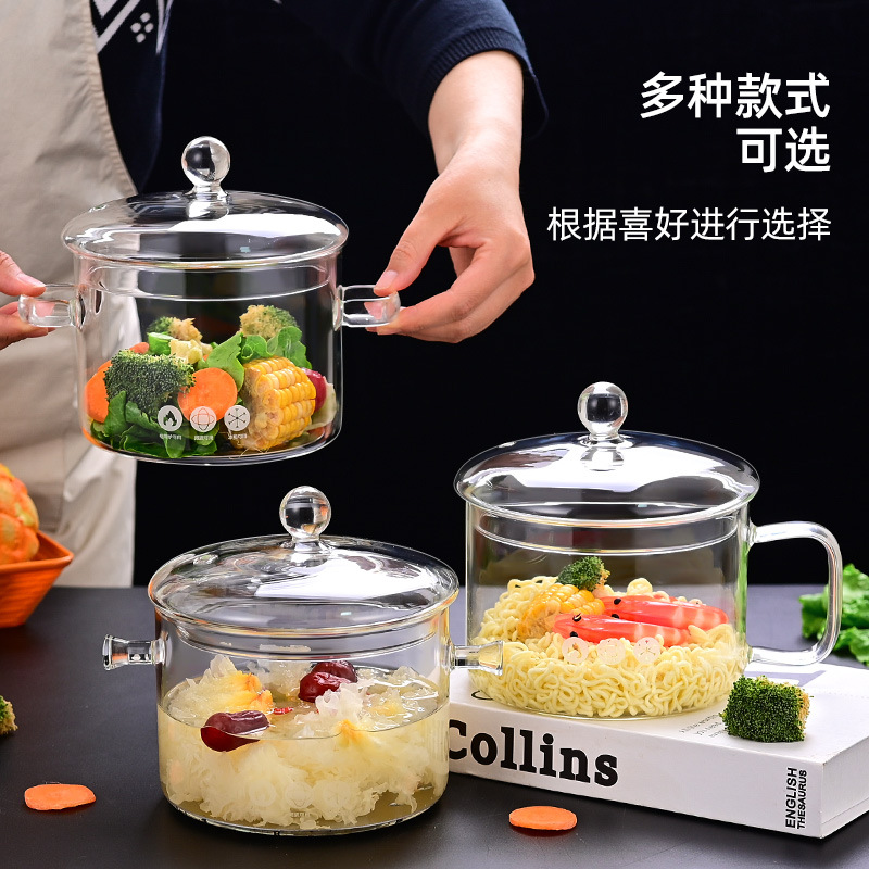 Wholesale large-capacity transparent glass pot, thickened high-temperature resistant double-ear covered instant noodle pot, open flame heating health pot full figure