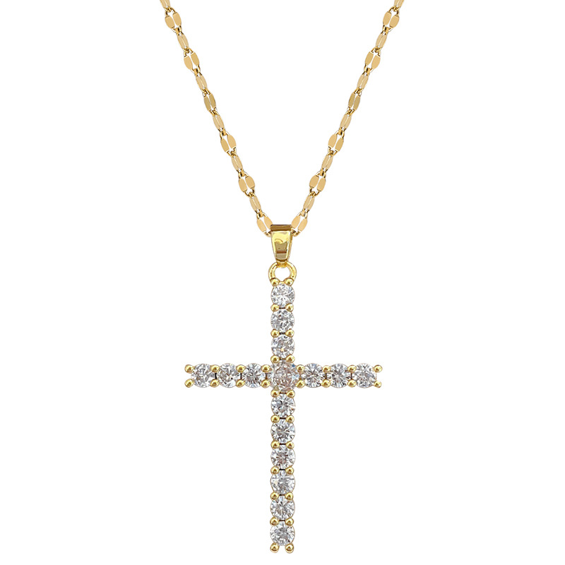 【 Titanium Steel 】 Cross-shaped zircon copper slightly inlaid with real gold electroplating, simple and exquisite collarbone chain neck that is popular on Instagram Item Picture