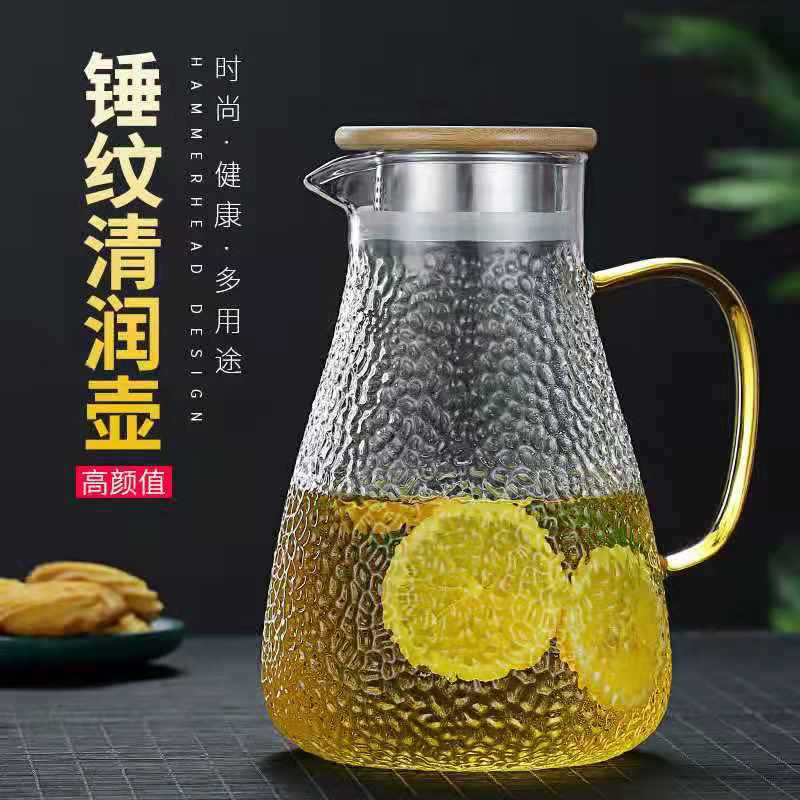 Cold water bottle set, household hammer-patterned water bottle, high borosilicate heat-resistant explosion-proof water bottle, large-capacity juice bottle details Picture