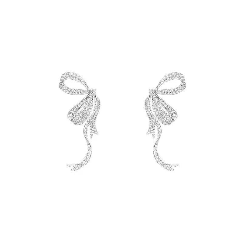 Full-diamond ribbon bow stud earrings in a cold female style, long diamond-encrusted earrings, light luxury, niche, high-end and elegant earrings Item Picture