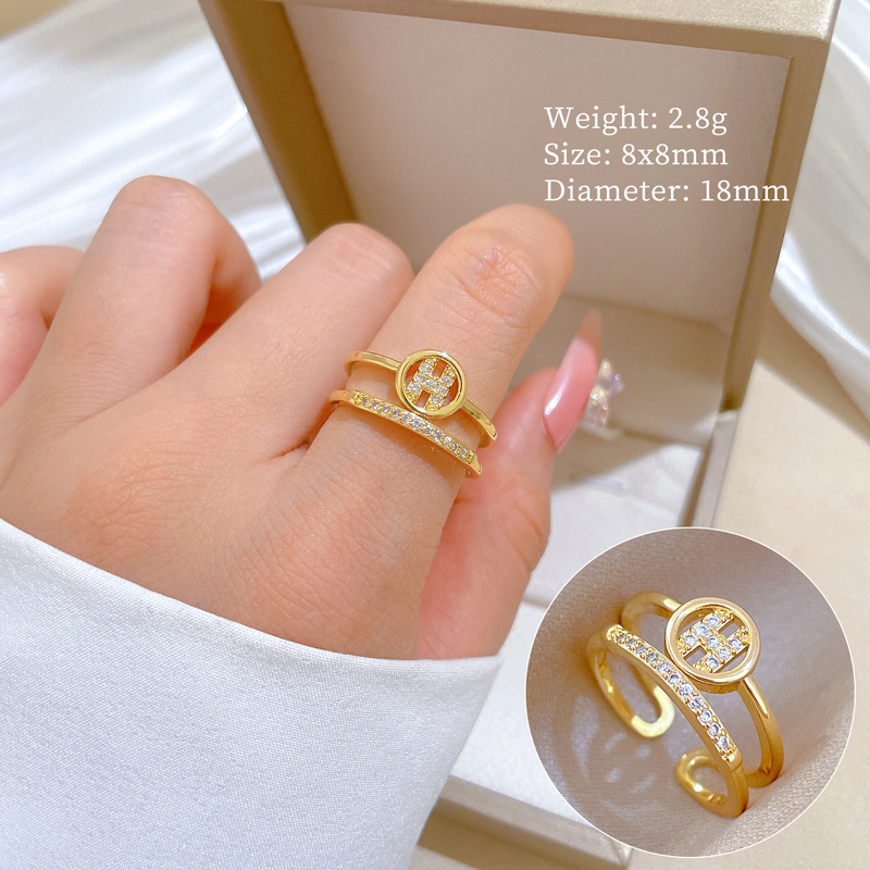 【 Real Gold 】 Light luxury and fashionable zircon ring with adjustable opening, simple jewelry, Japanese-style ring couple rings Specification drawing