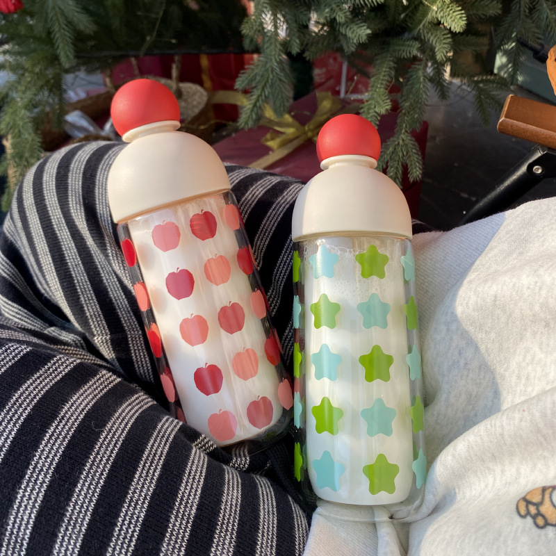 ins niche red nose double-layer high-temperature resistant glass cup, cute star-sealed water cup, car portable cup gift Specification drawing